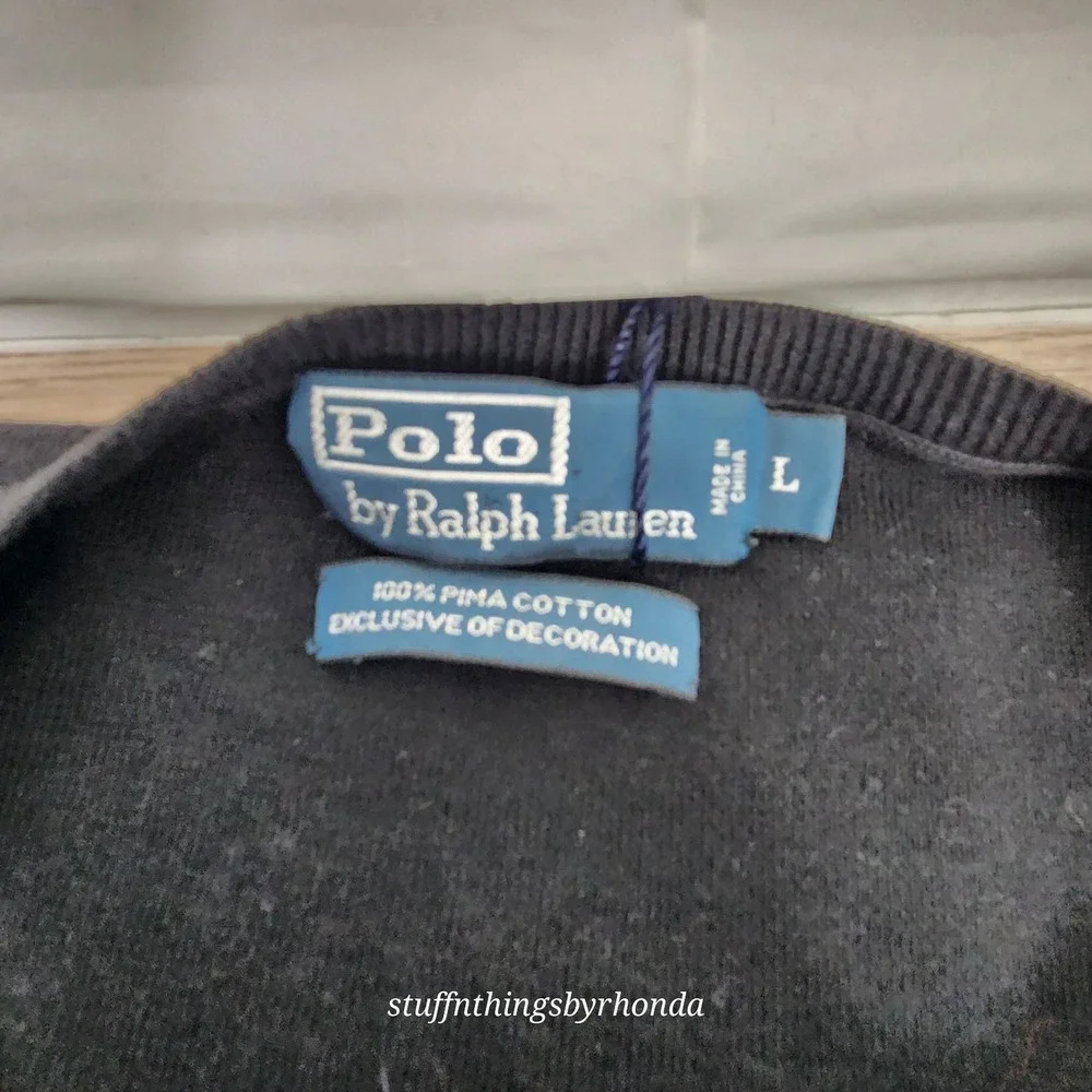 Polo Ralph Lauren Men Long Sleeve V-Neck PullOver Sweater Blk Pima Cotton Large‎